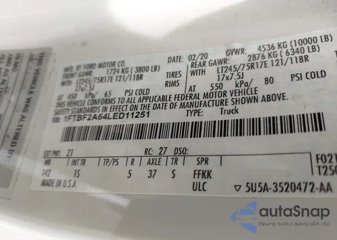 2020 Ford F-250 Xl z USA, uszkodzony, nr VIN 1FTBF2A64LED11251